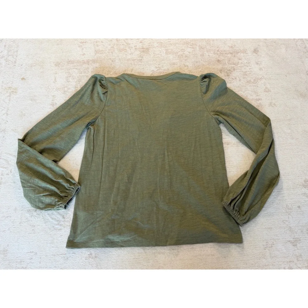 Boden Olive Green Cotton Slub Lace Trim V-Neck Puff Sleeve Top US 2 T2079